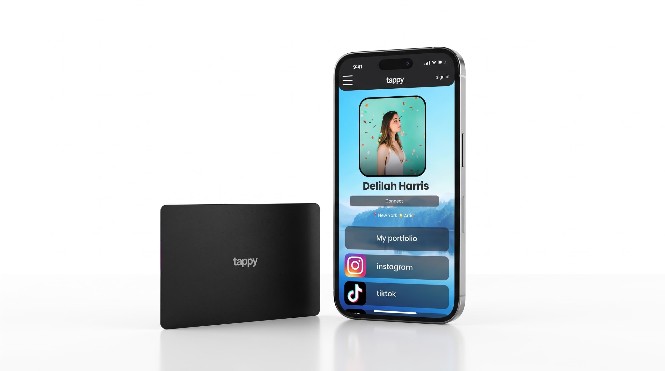 A black Tappy Card next to an iPhone showing a Tappy profile