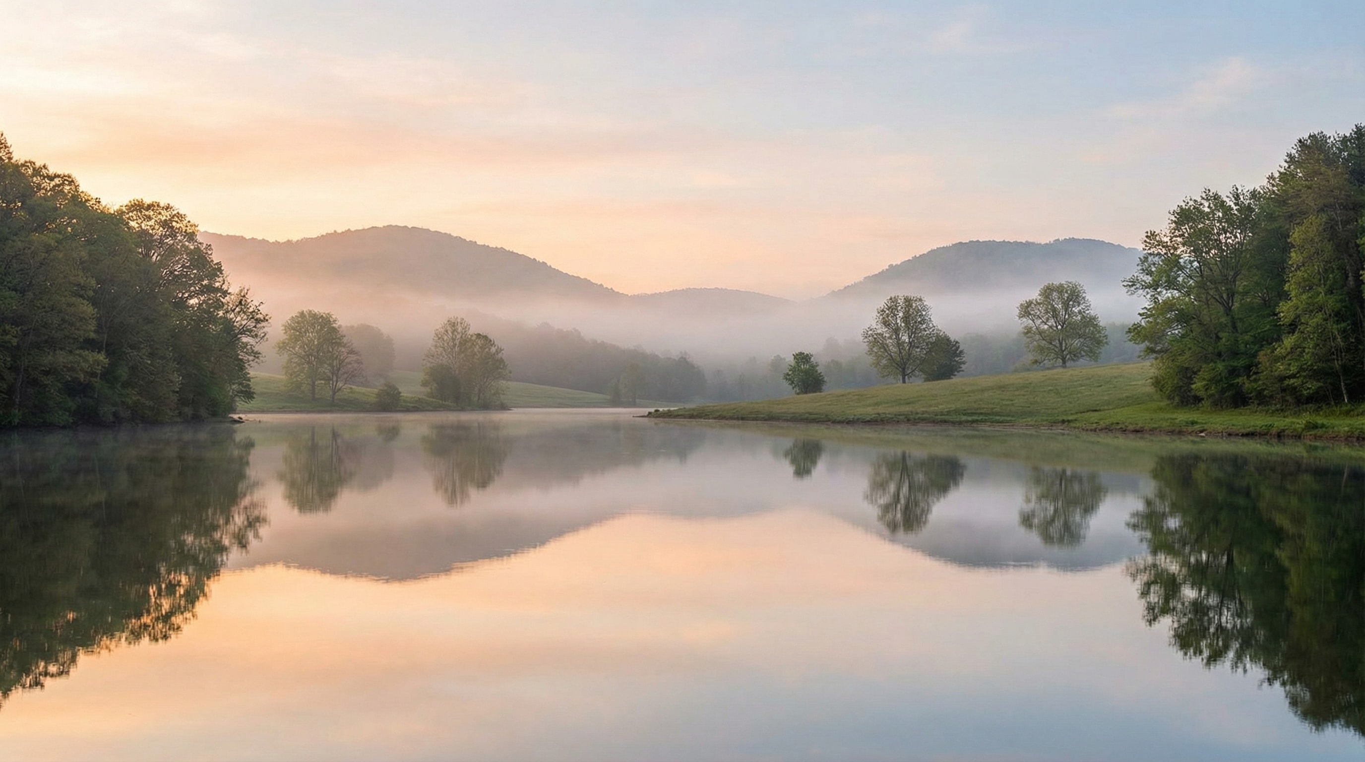 A quiet sunrise reflected over a mountain lake